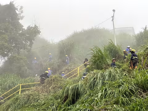 Trabajadores en medio de neblina